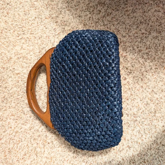 Elegant Navy Woven Clutch with Wooden Handle - Picture 1 of 9